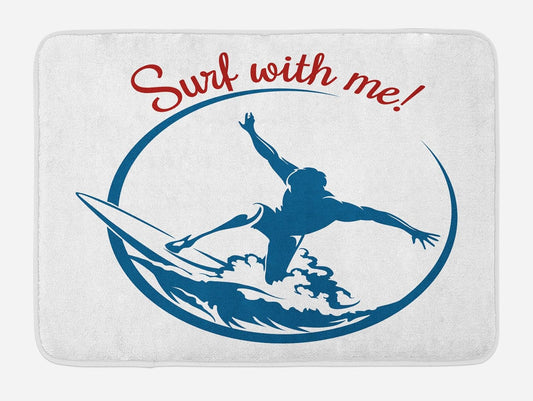 Modern Bath Mat, Surf with Me Words with Surfing Man Silhouette Exotic Sports Hobby Illustration, Plush Bathroom Decor Mat with Non Slip Backing, 30.2" X 20", Violet Blue Red