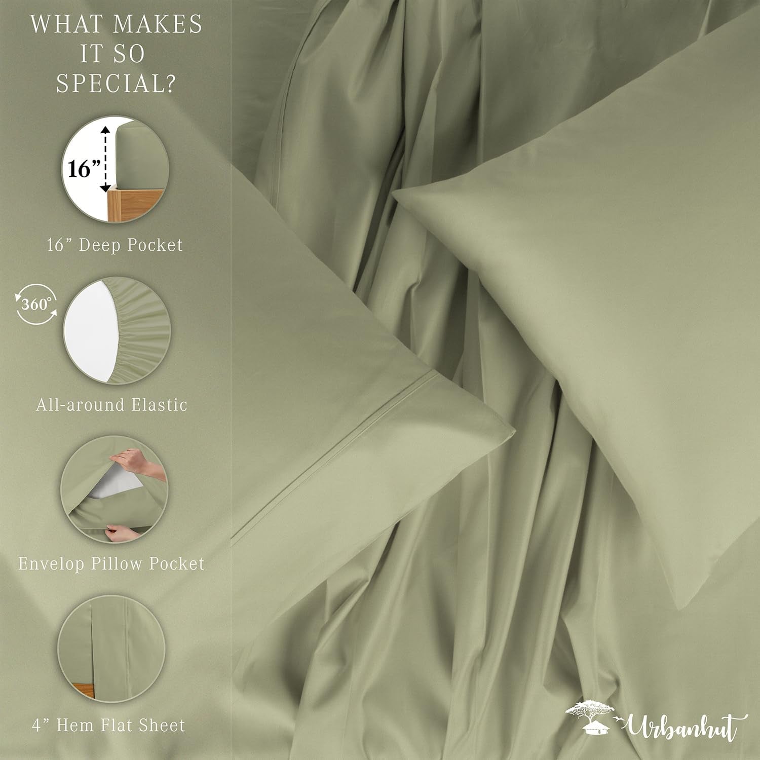 800 Thread Count Egyptian Cotton California King Size Sheets Set, Sateen Weave Luxury Hotel Bedsheets, 4 Pc Bed Sheet Sets, Fits 16" Deep Pocket - Sage