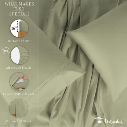 800 Thread Count Egyptian Cotton California King Size Sheets Set, Sateen Weave Luxury Hotel Bedsheets, 4 Pc Bed Sheet Sets, Fits 16" Deep Pocket - Sage