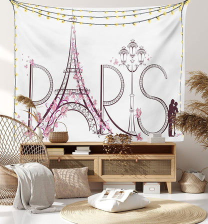Paris Tapestry King Size, Tower Eiffel Lettering Couple Trip Flowers Floral Design European Print, Wall Hanging Bedspread Bed Cover Wall Decor, King Size, Pink Plum