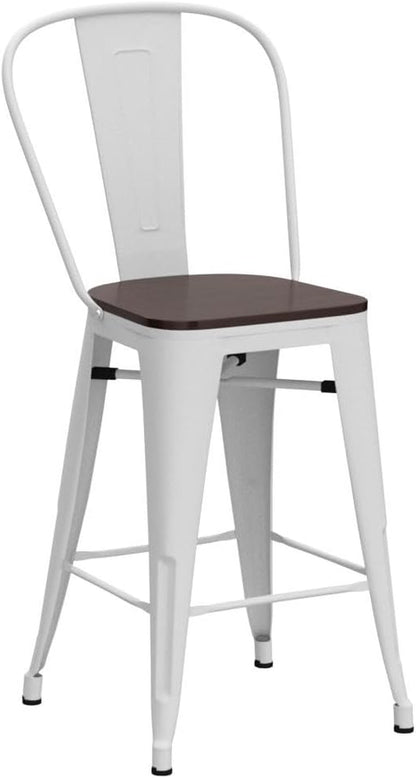 26 Inch Metal Bar Stools Set of 4 Farmhouse Kitchen Island Counter Height Bar Chairs High Back Barstools with Large Wooden Seat Cream White
