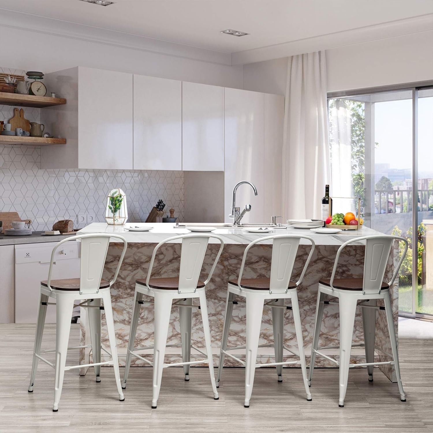 26 Inch Metal Bar Stools Set of 4 Farmhouse Kitchen Island Counter Height Bar Chairs High Back Barstools with Large Wooden Seat Cream White