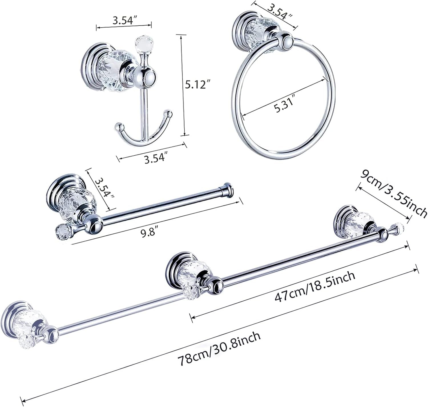 Crystal Bathroom Hardware Set, Chrome Bathroom Accessories Silver Towel Ring Towel Bar Toilet Paper Holder Coat Hooks Wall Mounted Polished 4 Pieces with Crystal Ball Base Designed