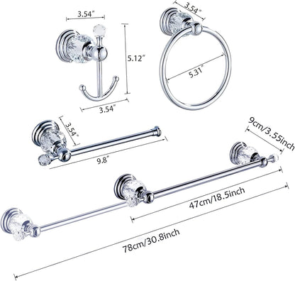 Crystal Bathroom Hardware Set, Chrome Bathroom Accessories Silver Towel Ring Towel Bar Toilet Paper Holder Coat Hooks Wall Mounted Polished 4 Pieces with Crystal Ball Base Designed
