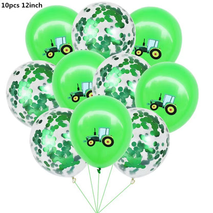 Farm Theme Green Tractor Inflatable Balloons Cake Topper Happy Birthday Party Decoration Kids Birthday Excavator Vehicle Banner