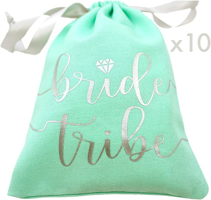 10Pc Bride Tribe Drawstring Bags W/ Satin Ribbon, 7X5” - Cotton Pouch for Bridesmaids, Bachelorette, Bridal Party, Bridal Shower, Wedding Favor, Survival Kit, Hangover Kit (7X5 Inch (Pack of 10), Mint