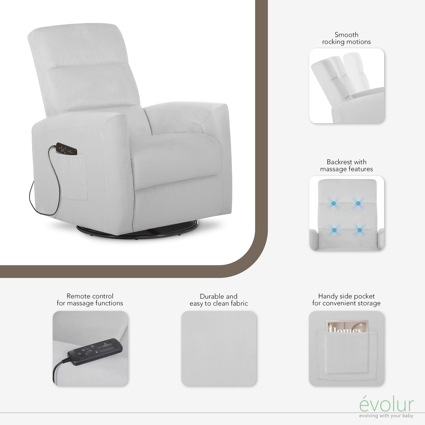 Reevo Upholstered Faux Leather Seating Glider Swivel, Rocker, Massager, Glider Chair for Modern Nursery, Misty Grey, Tool-Free Assembly, Easy to Clean, Environmentally Conscious Rocker