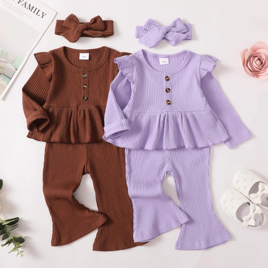Baby Girl Clothes Toddler Girl Cotton Outfit Rib Long Sleeve Shirt Top Solid Pants Infant Girls Set