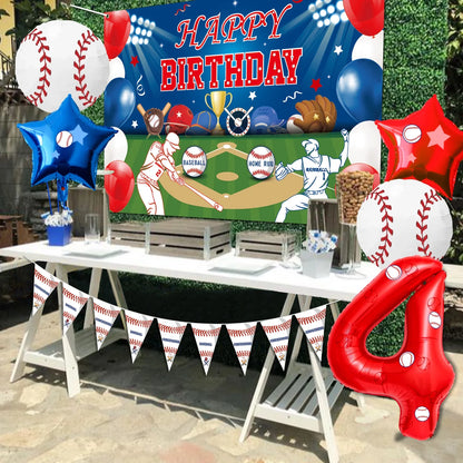 5 Pcs Baseball Balloons Set - Includes Baseball Foil Balloons, Number4 Balloon, Blue Red Star Balloons, Baseball Stickers for Baseball Party Supplies