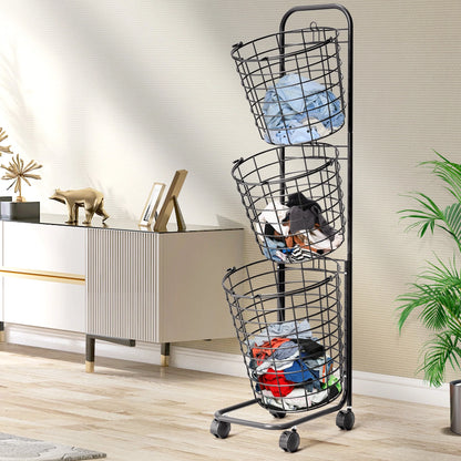 Removable 3 Tier Metal Rolling Laundry Basket Cart,Large Capacity Wire Basket Laundry Hamper with Wheels, Laundry Butler for Bathroom Bedroom Laundry Room, Black