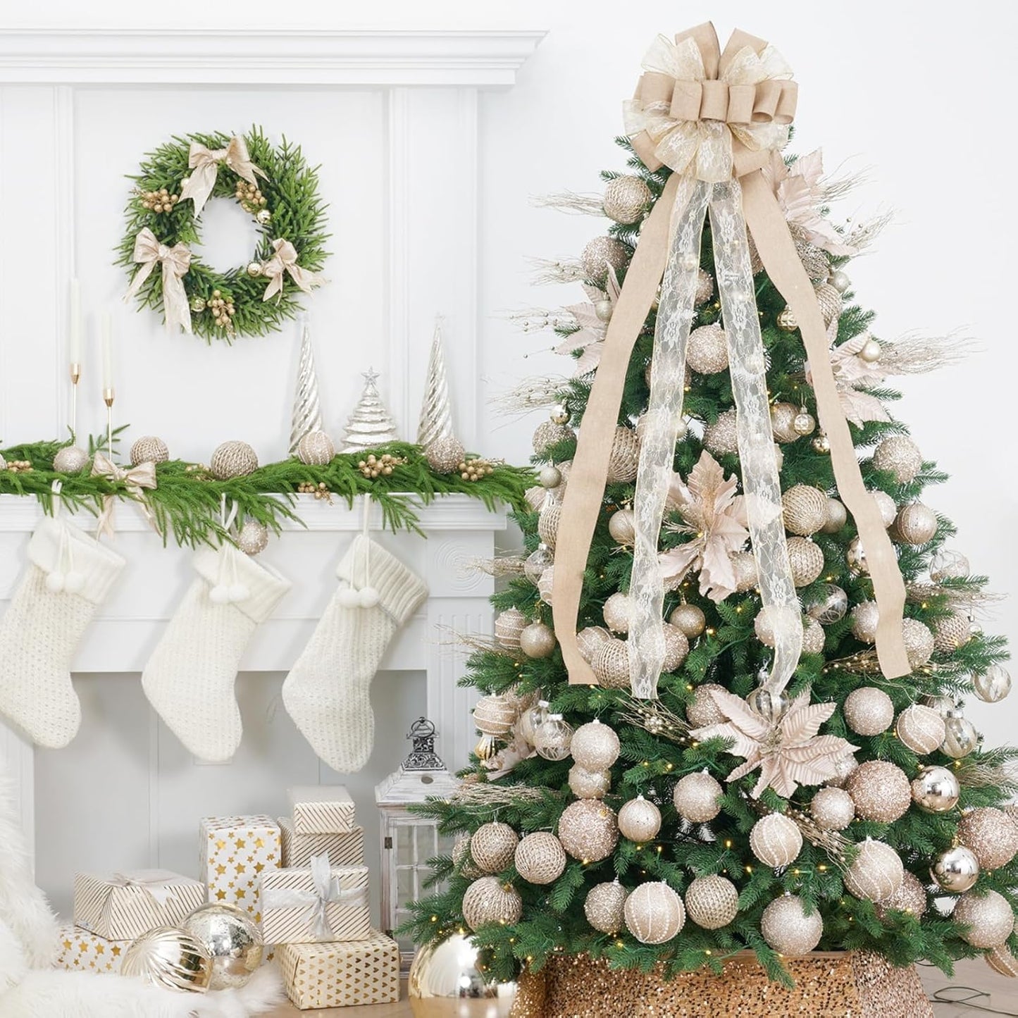 Christmas Tree Topper,Christmas Ornament with Glitter Satin Mesh Streamer,For Your Christmas Decor (Circle Tree Topper, Beige)