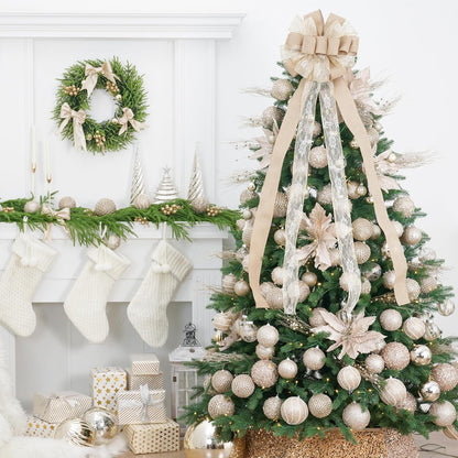 Christmas Tree Topper,Christmas Ornament with Glitter Satin Mesh Streamer,For Your Christmas Decor (Circle Tree Topper, Beige)