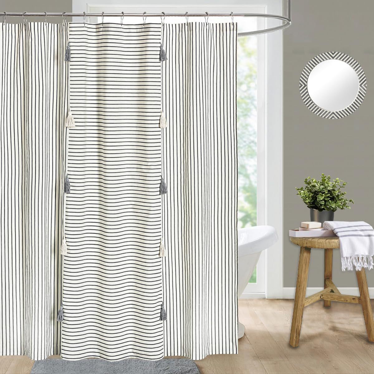 Gray and Beige Stripe Patchwork Cotton Fabric Tassel Shower Curtain for Bathroom,Farmhouse,Country Rustic and Cute Style,72 X 72 In