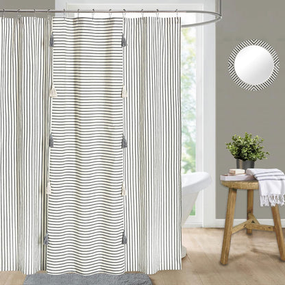 Gray and Beige Stripe Patchwork Cotton Fabric Tassel Shower Curtain for Bathroom,Farmhouse,Country Rustic and Cute Style,72 X 72 In