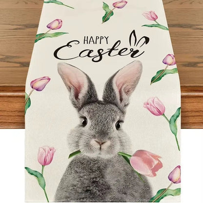 Easter Rabbit Colorful Eggs Flowers Green Plaid Linen Table Runners Washable Kitchen Dining Table Runners Wedding Decorations