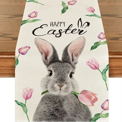 Easter Rabbit Colorful Eggs Flowers Green Plaid Linen Table Runners Washable Kitchen Dining Table Runners Wedding Decorations