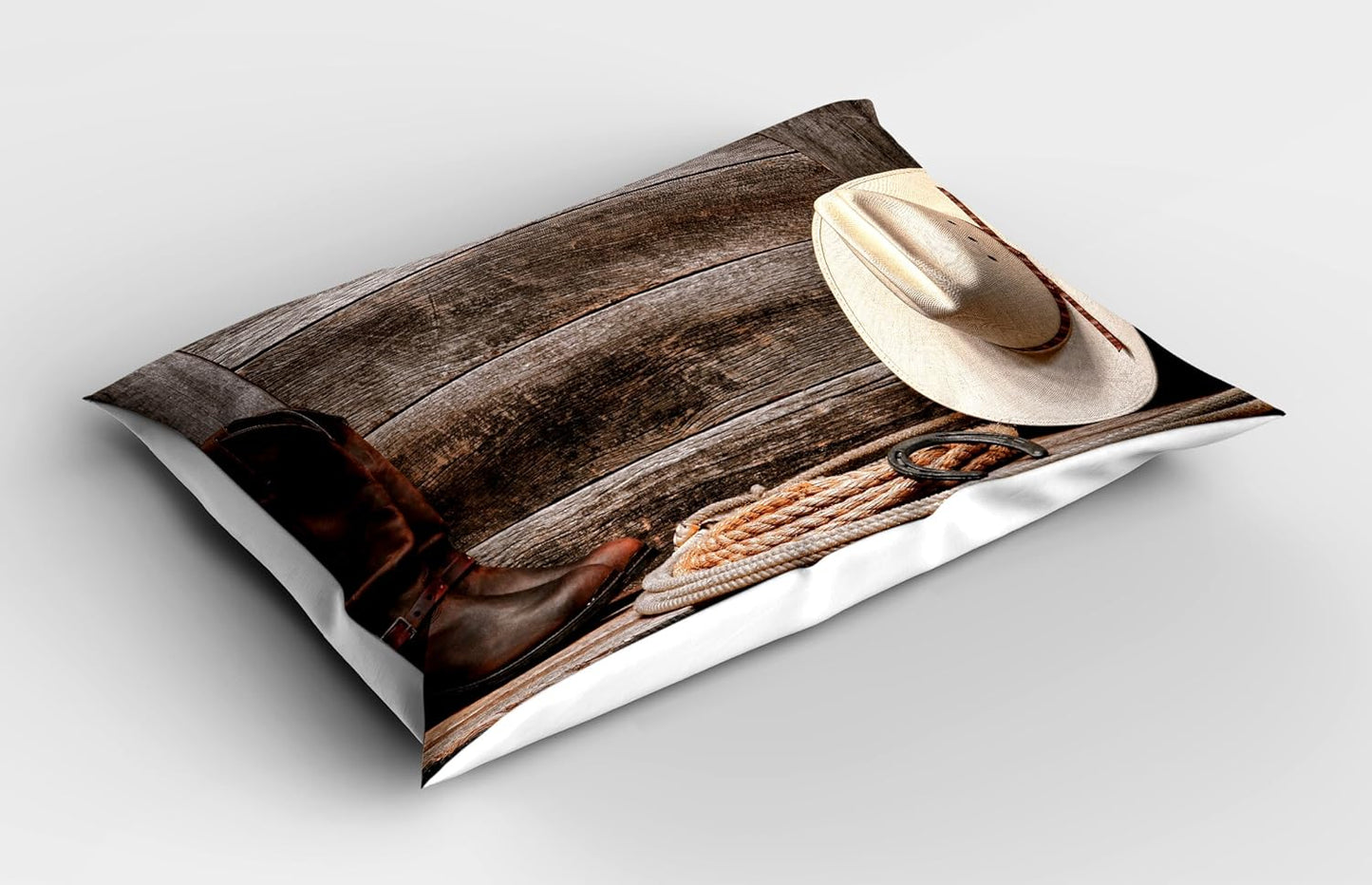 Western Pillow Sham, American West Rodeo Traditional Straw Cowboy Hat Leather Boots Print, Decorative Standard Queen Size Printed Pillowcase, 30" X 20", Brown Tan