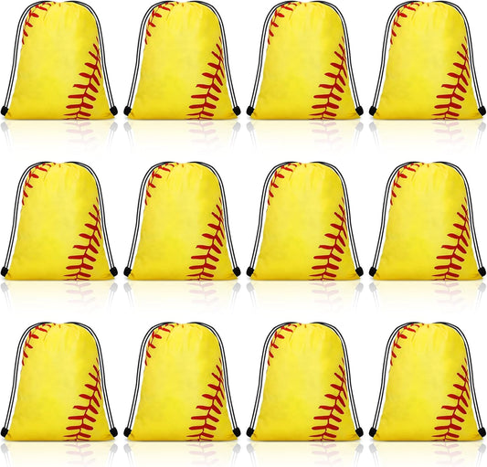 12 Pieces Small Sport Drawstring Bags Candy Bag Sport Party Drawstring Goodie Favor Supplies Gifts(Softball,7 X 10 Inch)
