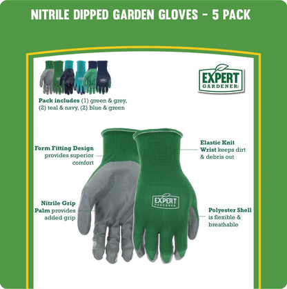 5 Pair Nitrile Garden Gloves, Medium