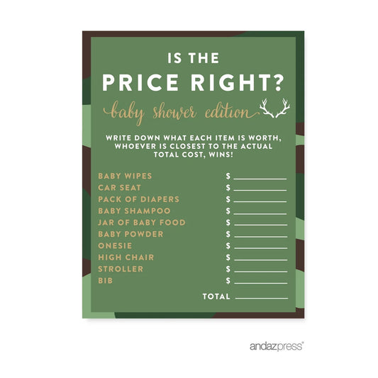 Is the Price Right? Green Woodland Camouflage Boy Baby Shower Game, 20-Pack