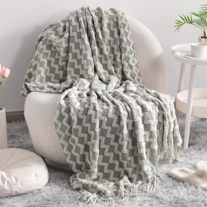 Acrylic Knitted Throw Blanket, Lightweight and Soft Cozy Decorative Woven Blanket with Tassels for Travel, Couch, Bed, Sofa, 51X67 Inches, Taupe Checkered