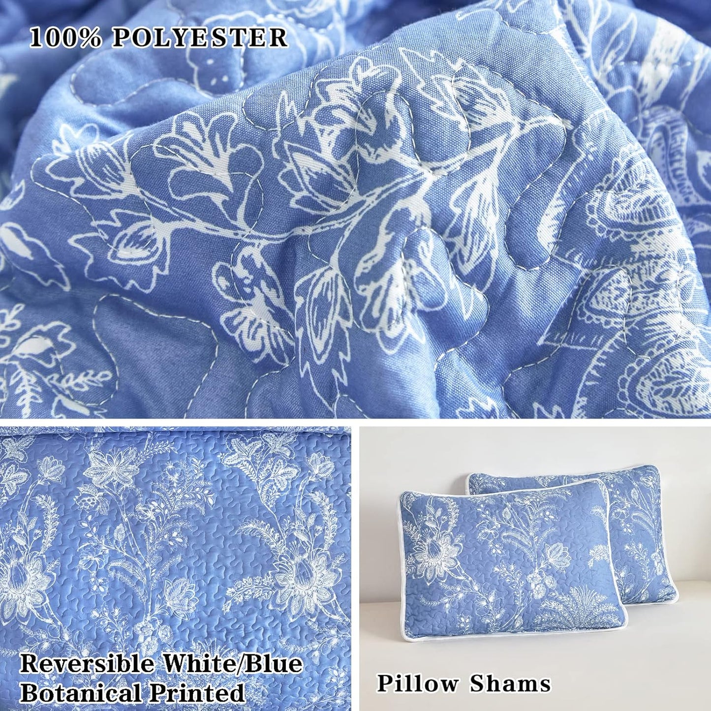 Reversible Quilt Set Twin Size, 2 Pieces White Blue Botanical Floral Printed Summer Bedding Set, Soft Microfiber Lightweight Bedspread/Coverlet for All Season - 68"X86"