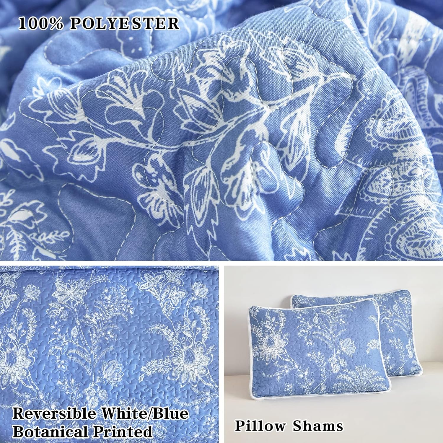 Reversible Quilt Set Twin Size, 2 Pieces White Blue Botanical Floral Printed Summer Bedding Set, Soft Microfiber Lightweight Bedspread/Coverlet for All Season - 68"X86"