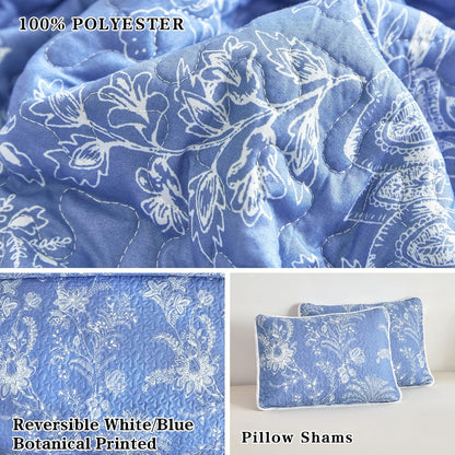 Reversible Quilt Set Twin Size, 2 Pieces White Blue Botanical Floral Printed Summer Bedding Set, Soft Microfiber Lightweight Bedspread/Coverlet for All Season - 68"X86"