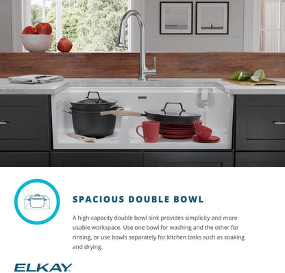 SWUF3320WH Fireclay 60/40 Double Bowl Farmhouse Sink with Aqua Divide, White