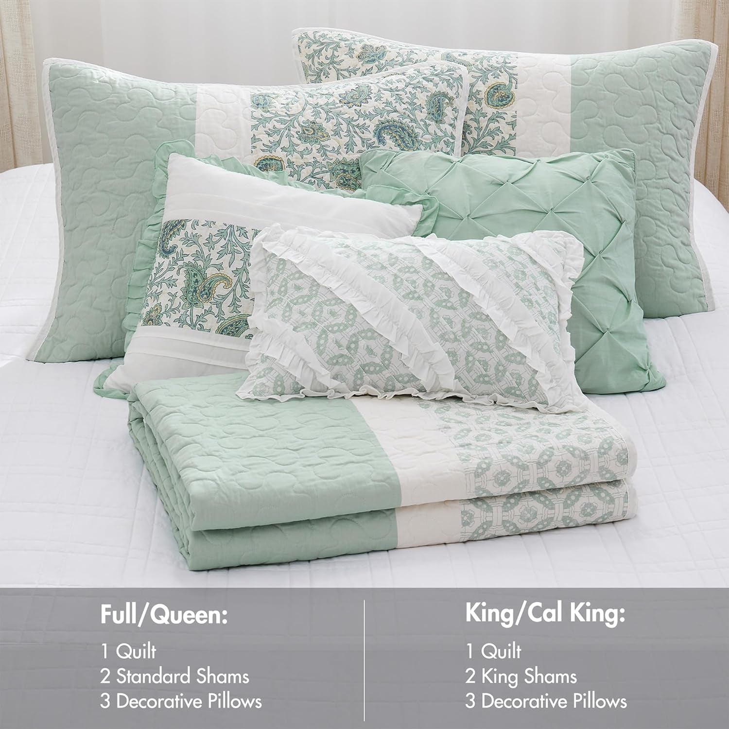 100% Cotton Quilt Set Floral Print, Double Sided Stitching, All Season, Lightweight Coverlet Shabby Chic Bedding Layer, Matching Shams, King/Cal King, Light Teal 6 Piece , Aqua
