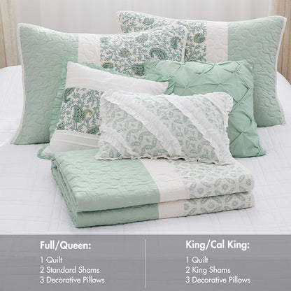 100% Cotton Quilt Set Floral Print, Double Sided Stitching, All Season, Lightweight Coverlet Shabby Chic Bedding Layer, Matching Shams, King/Cal King, Light Teal 6 Piece , Aqua