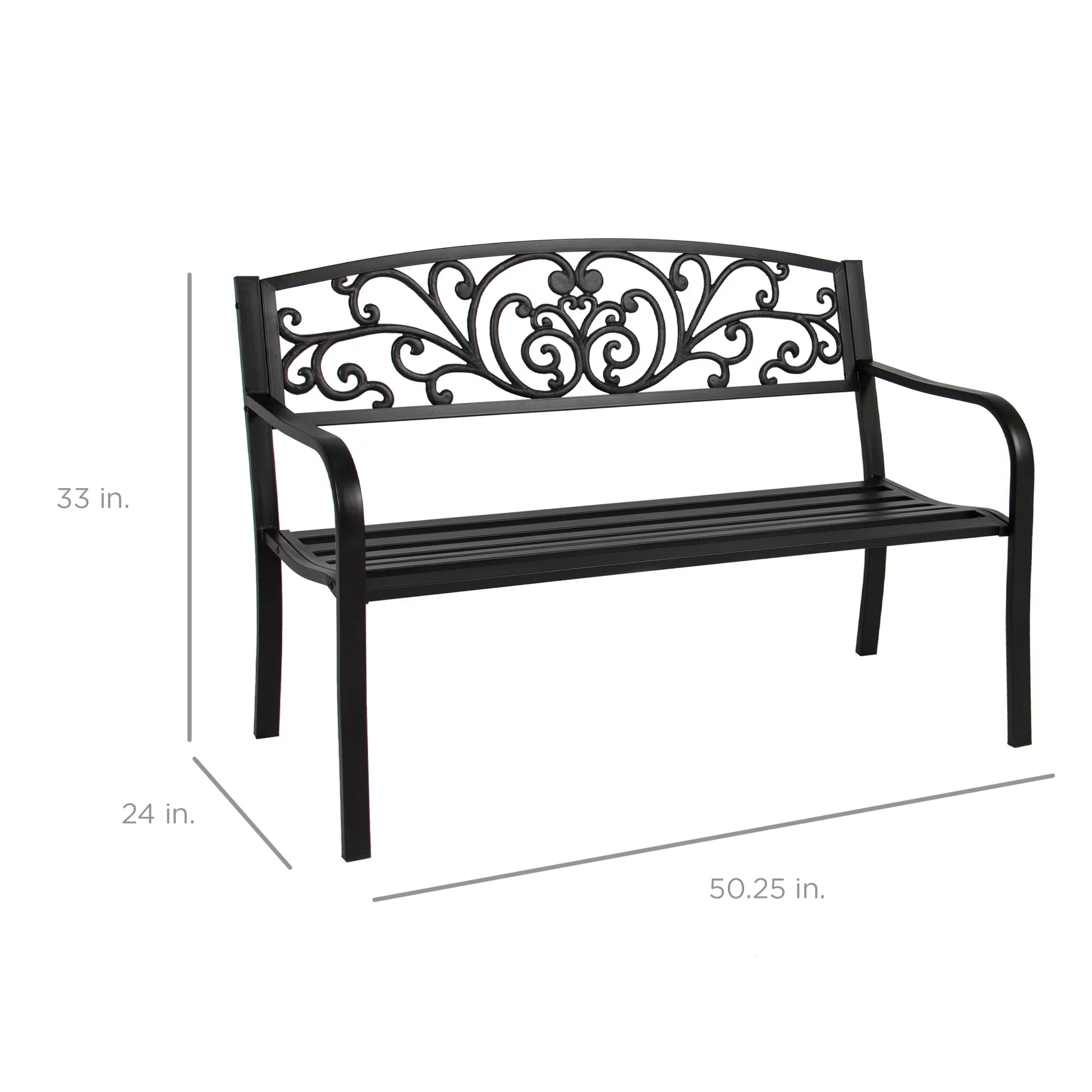 Outdoor Steel Bench Garden Patio Porch Furniture W/ Floral Design Backrest - Black