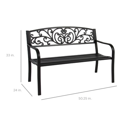 Outdoor Steel Bench Garden Patio Porch Furniture W/ Floral Design Backrest - Black