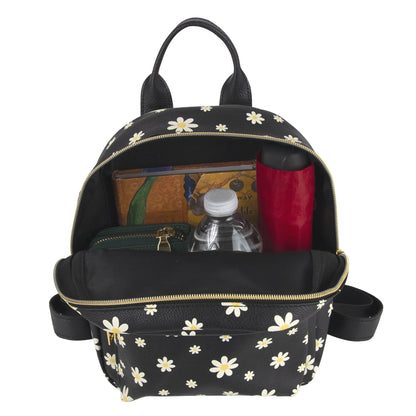 Mini Waterproof Vegan Leather Backpack for Women, Teens and Girls for Work, School, Recreation, Commuting & Traveling in Black Flowers