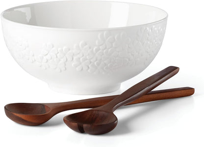 Blossom Lane Salad Bowl & Servers, 3.75 LB, White