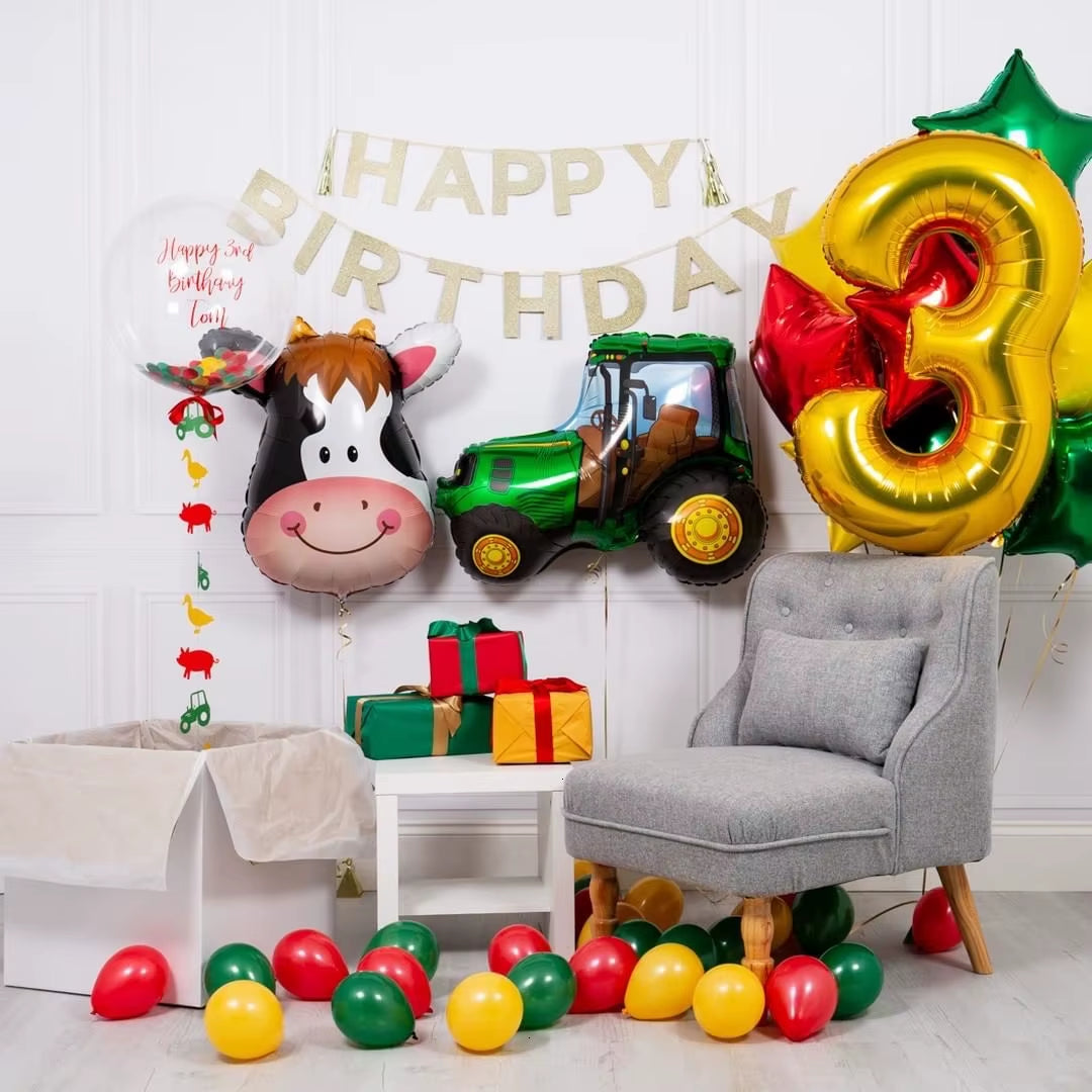 1Set Farm Theme Green Tractor Inflatable Balloons Happy Birthday Party Decoration Kids Birthday Excavator Vehicle Banner