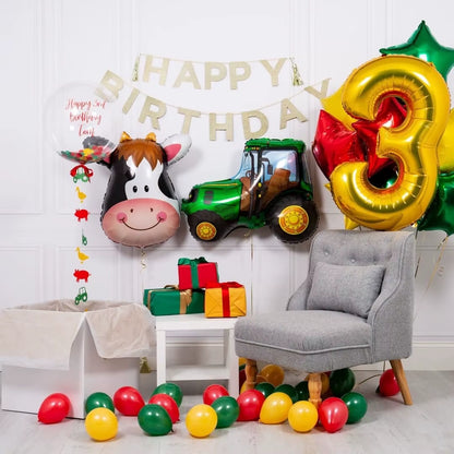 1Set Farm Theme Green Tractor Inflatable Balloons Happy Birthday Party Decoration Kids Birthday Excavator Vehicle Banner