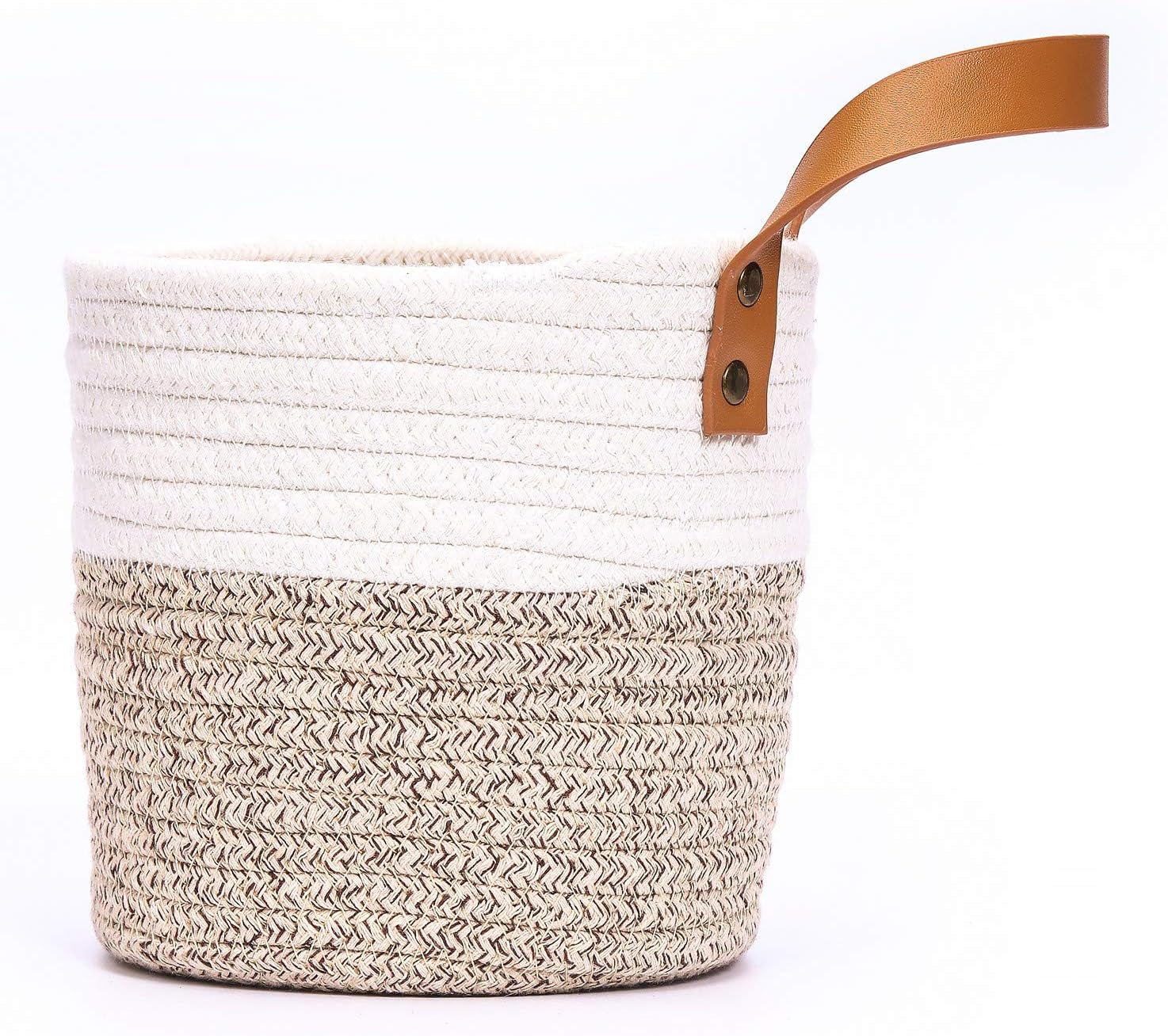 2Pack Small Hanging Basket-Cotton Rope Wall Basket with Handle, Hanging Storage Baskets, Shelf Baskets Storage Bin Closet Organizer 6"×6.3", Woven Plant Basket - (White & Brown)
