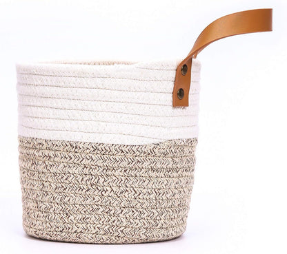 2Pack Small Hanging Basket-Cotton Rope Wall Basket with Handle, Hanging Storage Baskets, Shelf Baskets Storage Bin Closet Organizer 6"×6.3", Woven Plant Basket - (White & Brown)