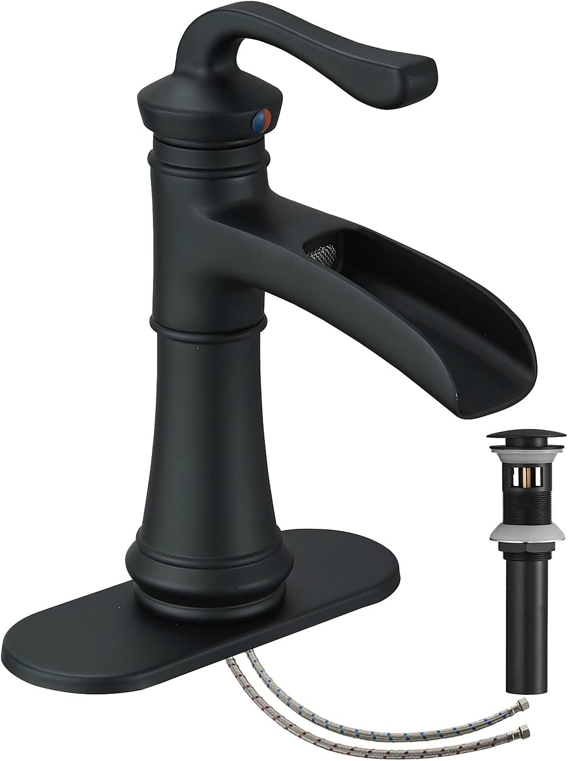 Matte Black Bathroom Faucet Waterfall Sink Faucets & Parts with Drain Stopper, Solid Brass Construction, Easy Installation, Lead-Free