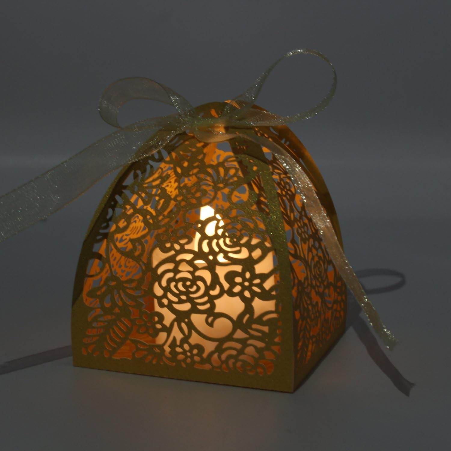 Pack of 100 Laser Cut Rose Candy Boxes, Favor Boxes 2.5"X 2.5"X 3.1", Gift Boxes for Bridal Shower Anniverary Birthday Party Wedding Favor (100,Gold)