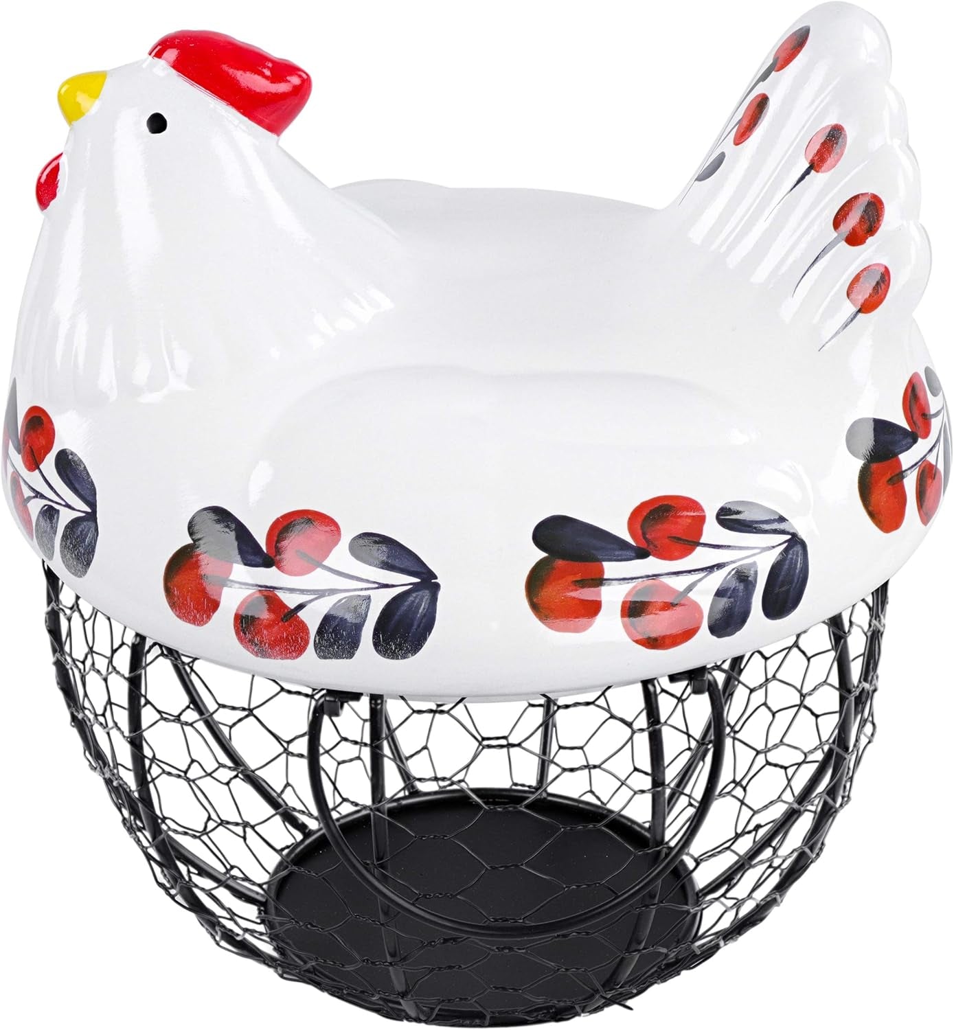 Chicken Egg Basket in Navy and Red Design Ceramic Chicken Shaped Lid with round Wire Basket Base and Handles