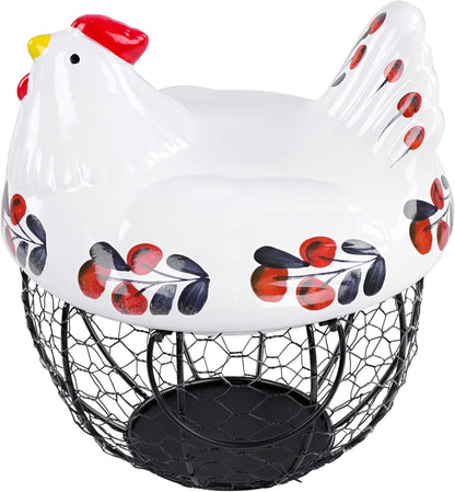 Chicken Egg Basket in Navy and Red Design Ceramic Chicken Shaped Lid with round Wire Basket Base and Handles