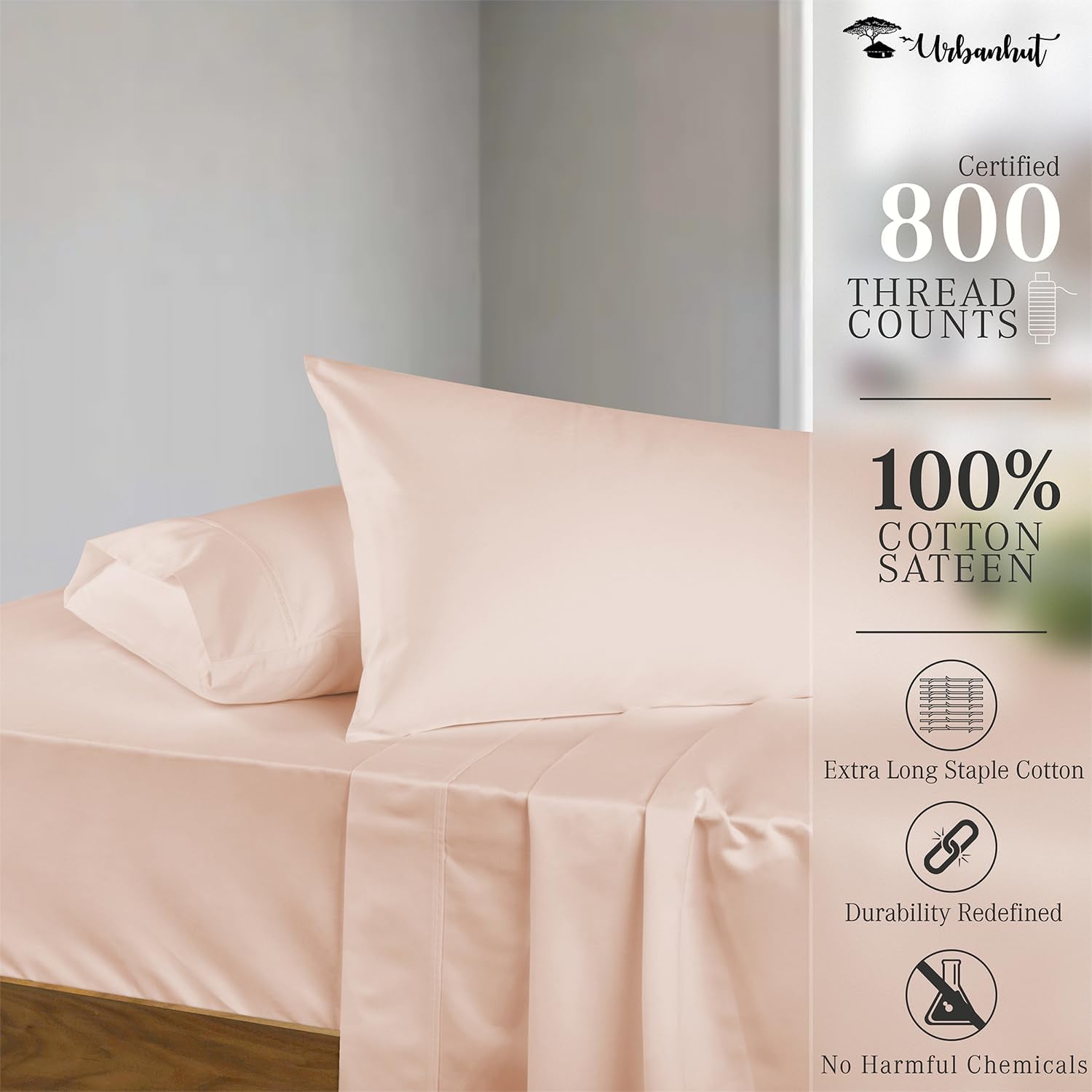 800 Thread Count Queen Size Egyptian Cotton Sheets Set, 4 Pc Bed Sheet Sets for Queen Size Bedding, Luxury Hotel Sheets Sateen Finish Fits 16" Deep Pocket - Blush Pink