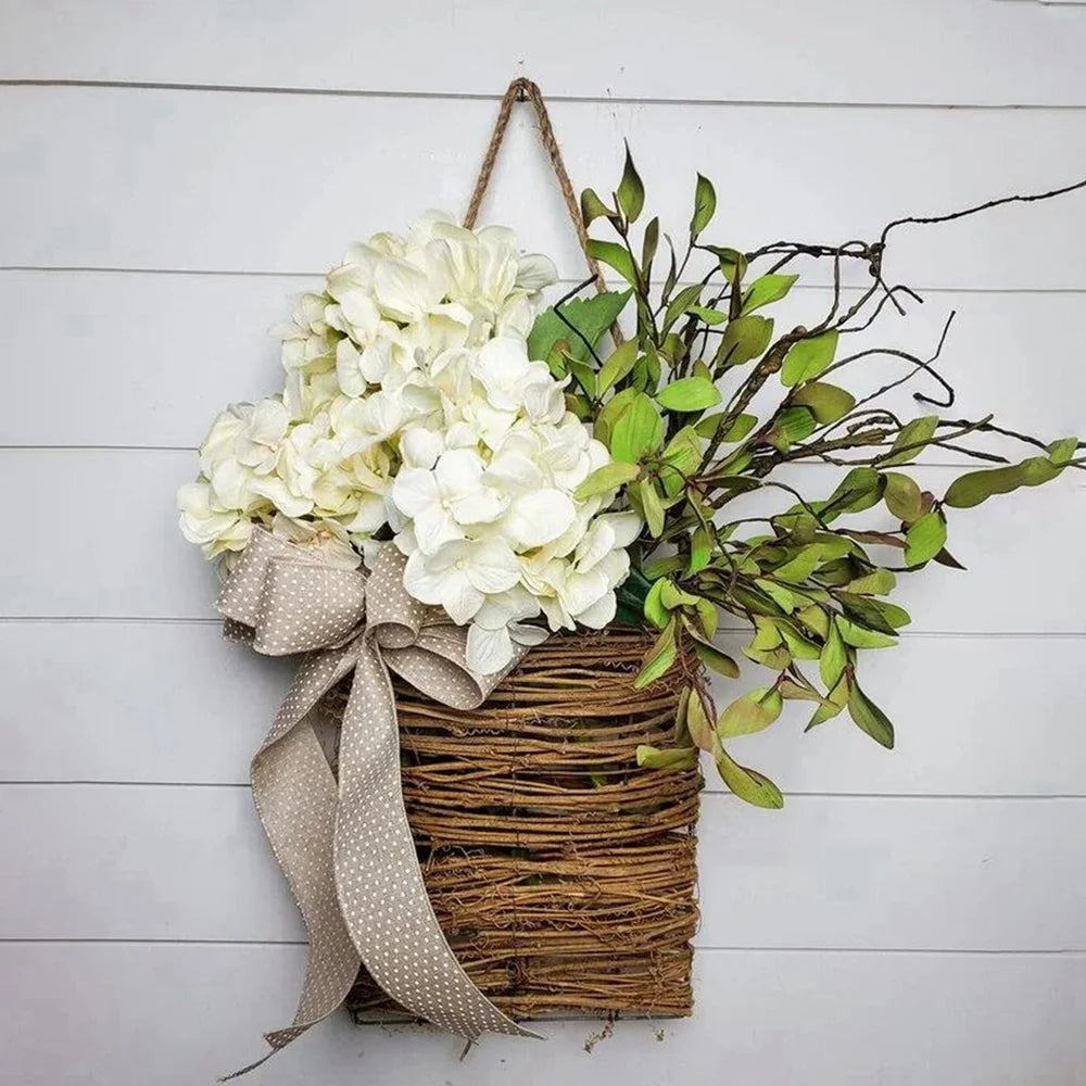 Wildflowers Hanging Basket Wreath, Artificial Spring Wreath for Front Door, Wall Hanging Flower Bucket Rustic Farmhouse Wrea