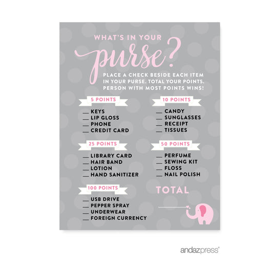 What'S in Your Purse? Bubblegum Pink Girl Elephant Baby Shower Games, 20-Pack