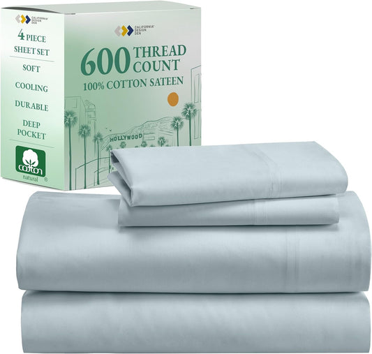 Luxury King Size Sheet Set - 100% Cotton, 600 Thread Count Deep Pocket King Sheets, Hotel-Quality Bedding with Sateen Weave - Seafoam