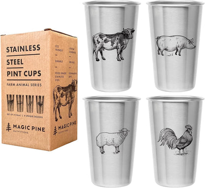 Kid-Proof Cups (Farm Animal Designs) - Set of 4 Stainless Steel Cups (16Oz)