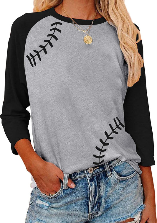 Womens Raglan Shirts 3/4 Sleeve Baseball Tee round Neck Patchwork Casual Blouse Tops